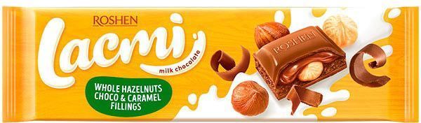 Шоколад Roshen Lacmi молочний з цілими лісовими горіхами і шоколадно-карамельною начинкою 295 г