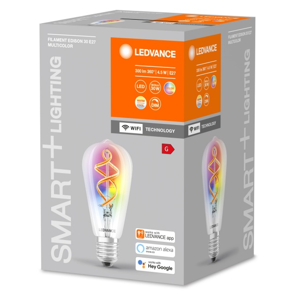 Умная лампа Ledvance Vintage смена цветов ST64 4,5 Вт E27 2700 К 220 В прозрачная Smart ST64 RGB FIL 