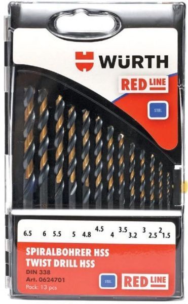 Набір свердел по металу WURTH Red Line HSS DIN338 d1,5-6,5 мм 13 шт. 0624701 