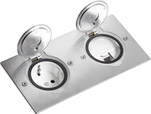 Розетка двойная с заземлением нержавеющая сталь 89702