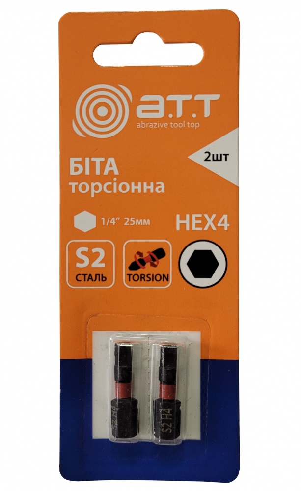 Біта торсіонна A.T.T. HEX4 25 мм 1/4 сталь S2 2 шт.