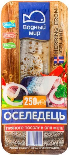 Сельдь ТМ Водный мир филе пряного посола в масле 250