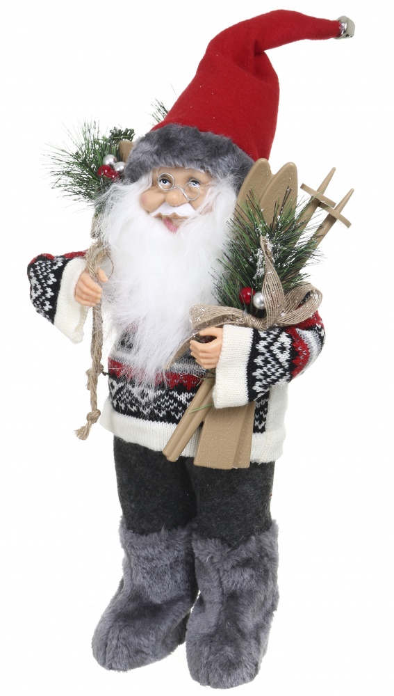 Декоративная новогодняя фигура Санта лесной в свитере серо-красный 40 см