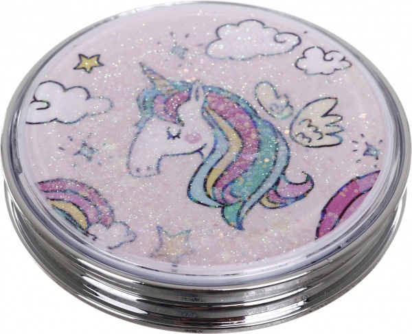 Зеркало карманное косметическое Лідер Канц Единорог с сыпучими блестками круглое 12 вариантов в ассортименте 