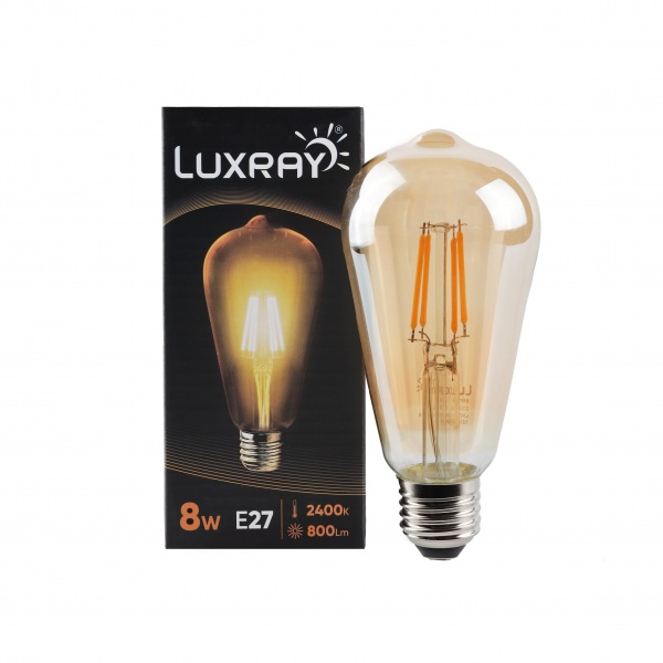 Лампа светодиодная Luxray FIL 8 Вт ST64 прозрачная E27 220 В 2400 К LXF424-ST64-2708 