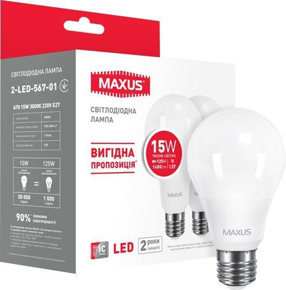 Лампа світлодіодна Maxus 2 шт./уп. 15 Вт A70 матова E27 220 В 3000 К 2-LED-567-01 