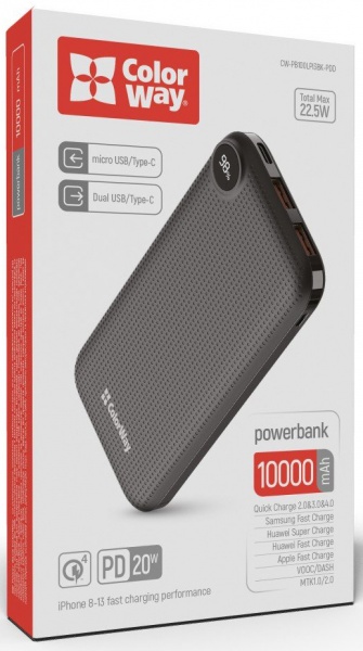 Внешний аккумулятор (Powerbank) ColorWay LCD USB QC3.0 + USB-C PD 22.5W 10000 mAh black (CW-PB100LPI3BK-PDD) 