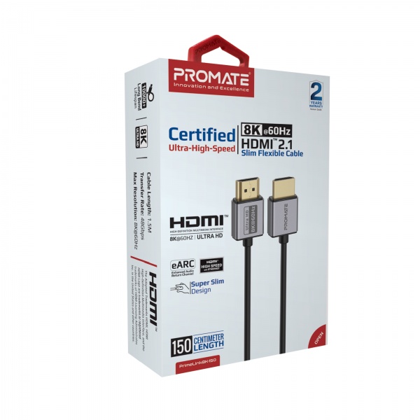 Кабель Promate PrimeLink8K-150 HDMI to HDMI 2.1 UHD HDR 1,5 м сірий (primelink8k-150.grey) 