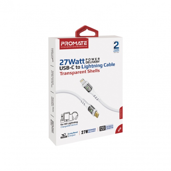 Кабель Promate TransLine-Ci USB-C to Lightning 27W Power Delivery 1,2 м білий (transline-ci.white) 