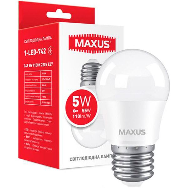 Лампа світлодіодна Maxus 5 Вт G45 матова E27 220 В 4100 К 1-LED-742 