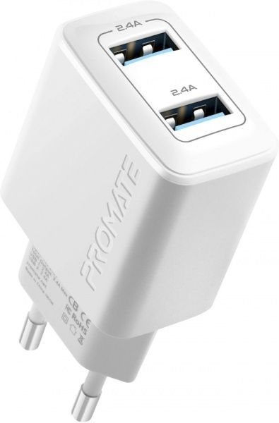 Зарядное устройство Promate BiPlug 12 Вт 2 USB White 