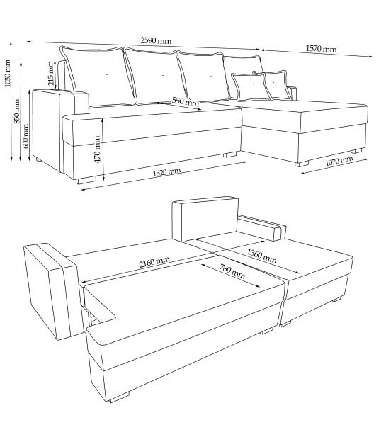Диван кутовий VECTOR Ріо правий сірий 2590x1570x1050 мм