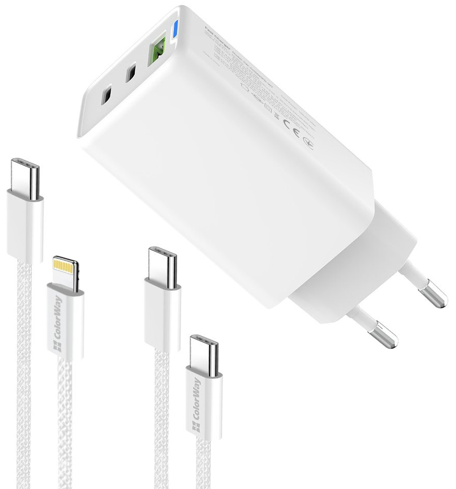 Сетевое зарядное устройство ColorWay GaN Mini 65W PD Port PPS USB (USB-2C1A) cable Type-C&Lightning (CW-CHS058PDCL-WT)