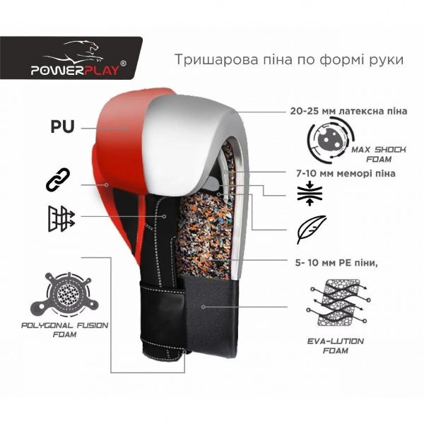 Боксерские перчатки PowerPlay р. 16 16oz 3007 черный с красным