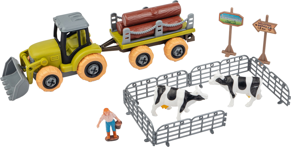 Ігровий набір OTAMANKO Веселий хутір (трактор з причепом д/колод, фермер з коровами) 532.01.56