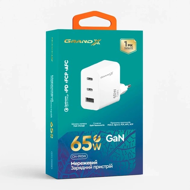 Зарядний пристрій Grand-X GaN 65W CH-990W 2xType-C + USB-A C White (CH-990W)