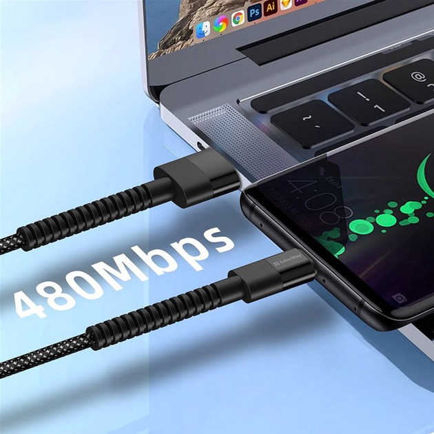 Кабель ColorWay USB - Type-C (nylon - long head) 2.4А 1 м чорний (CW-CBUC063-BK)