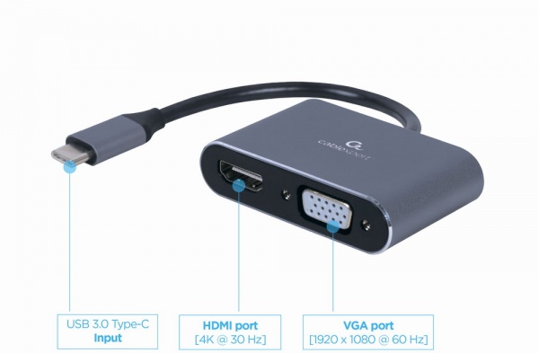 Адаптер Cablexpert USB-C на HDMI/VGA 0,15 м grey (A-USB3C-HDMIVGA-01) 