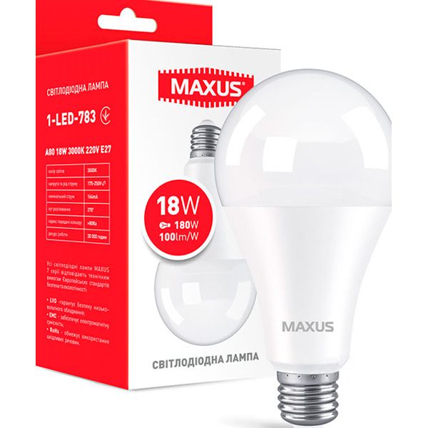 Лампа светодиодная Maxus 18 Вт A80 матовая E27 220 В 3000 К 1-LED-783 