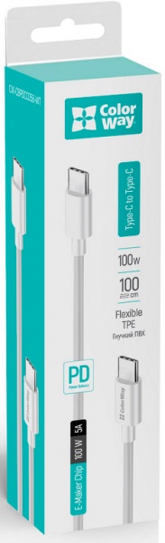 Кабель ColorWay Type-C - Type-C (TPE) (PD Fast Charging 100W) 5.0А 1 м білий (CW-CBPDCC058-WT) 