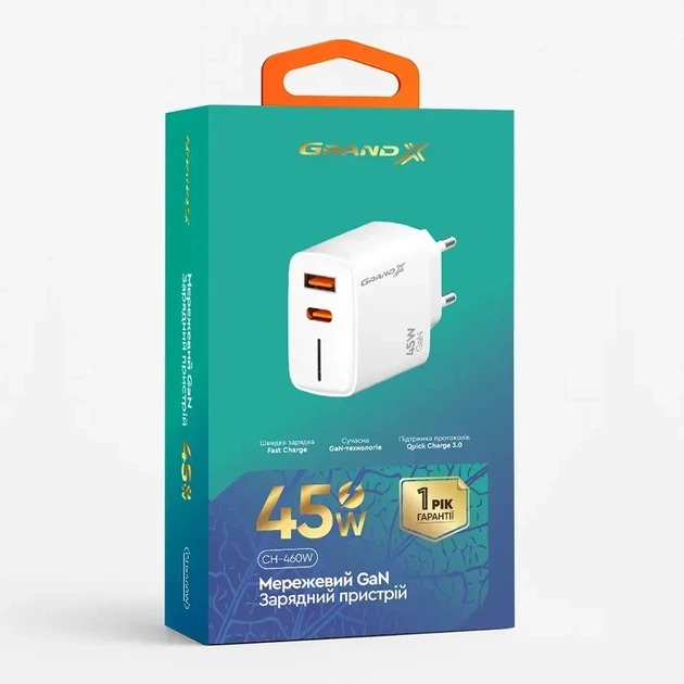 Зарядное устройство Grand-X GaN 45W CH-460W Type-C + USB-A White (CH-460W)