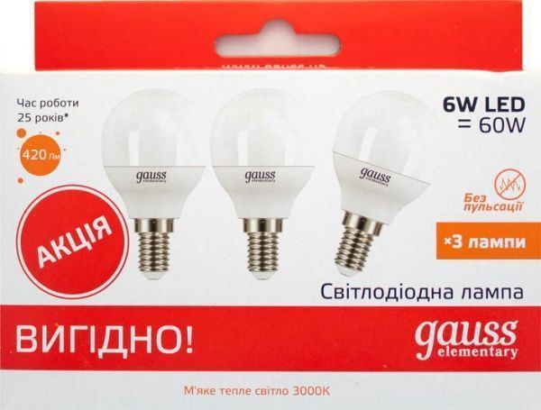Лампа світлодіодна Gauss Elementary 3 шт./уп. 6 Вт G45 матова E14 220 В 3000 К 53116T 