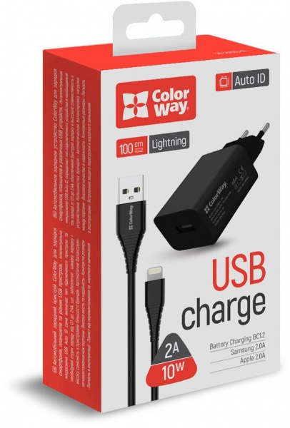 Зарядное устройство ColorWay 1USB AUTO ID 2A (10W) черное + cable Lightning (CW-CHS012CL-BK) 