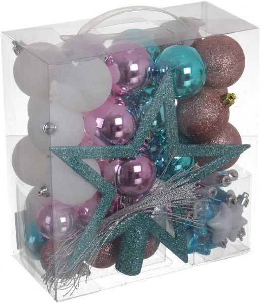 Набор елочных игрушек шарики, сосульки, звездочки, верхушка и гирлянда розово-бело-бирюзовый 50 шт./уп. 