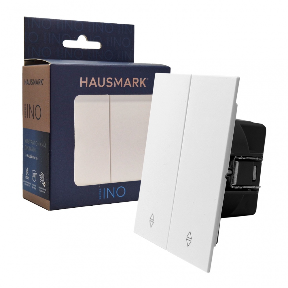 Вимикач прохідний двоклавішний HausMark INO без підсвітки білий WS-2G-GP-White