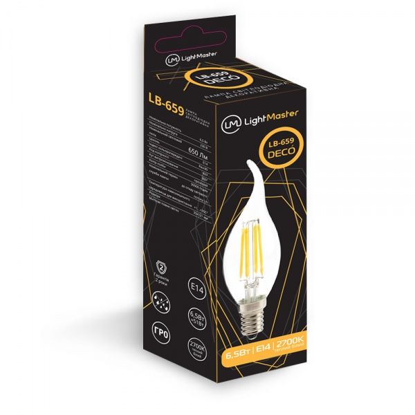 Лампа світлодіодна LightMaster FIL Deco CF37 6,5 Вт E14 2700 К 230 В LB-659 