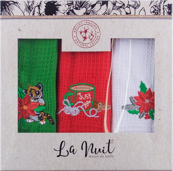 Набор полотенец вафельных Рождественный с тигром (3 шт./уп.) 45x60 см мульти Luna 