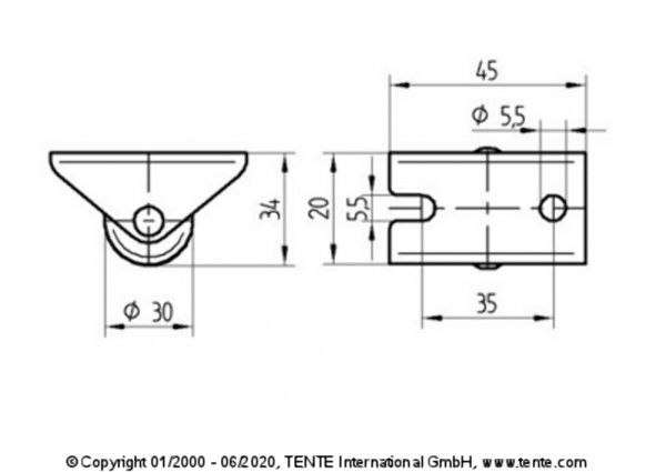 Опора колісна неповоротна 2198 POI 030 P60-45X20 (2 шт.) TENTE
