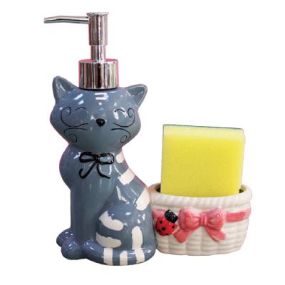 Диспенсер для жидкого мыла с подставкой Серый кот 490-140-1