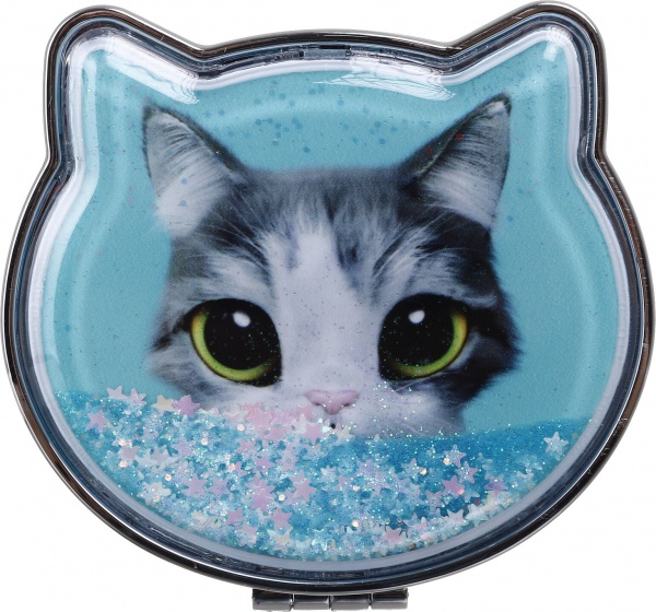 Зеркало карманное косметическое Лідер Канц Котик с сыпучими блестками фигурное 12 вариантов в ассортименте 