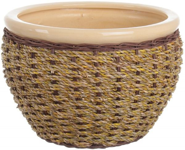 Горшок Viet Thanh Ceramic с блюдцем плетеный 30х21 см VT.10875-1 круглый бежевый с коричневым 