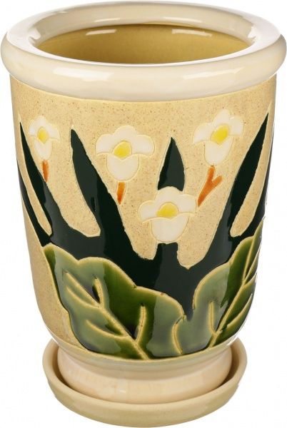 Горщик керамічний с поддоном круглий 25 л бежевий із малюнком (2236б4) 