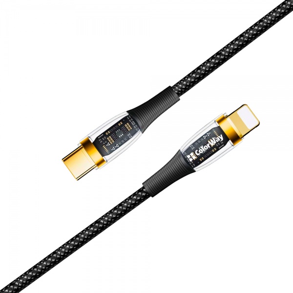 Кабель ColorWay Type-C - Apple Lightning (Transparent Head) (PD Fast Charging 27W) 3А 1,2 м чорний (CW-CBPDCL057-BK) 