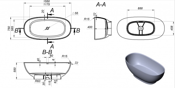 Ванна из искусственного камня Miraggio Brave New 155х75 см 