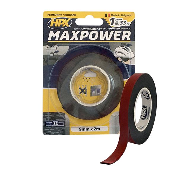 Двостороння монтажна клейка стрічка HPX MAXPOWER OUTDOOR 9x1,1 мм 2 м чорний