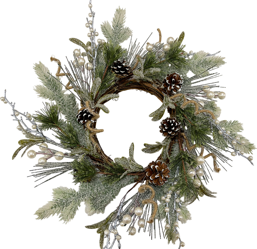 Венок хвойный с шишками жемчугом и завитками d420 мм EYK22-1160