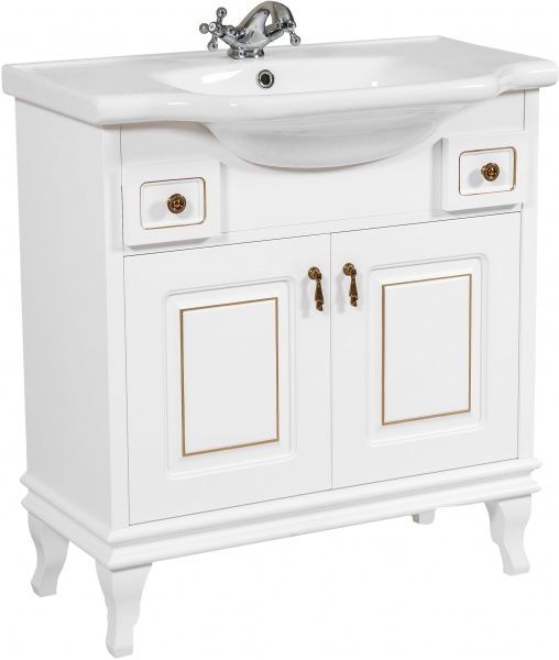 Тумба напольная Aqua Rodos Беатриче 80 белая патина золото с умывальником New Klasik