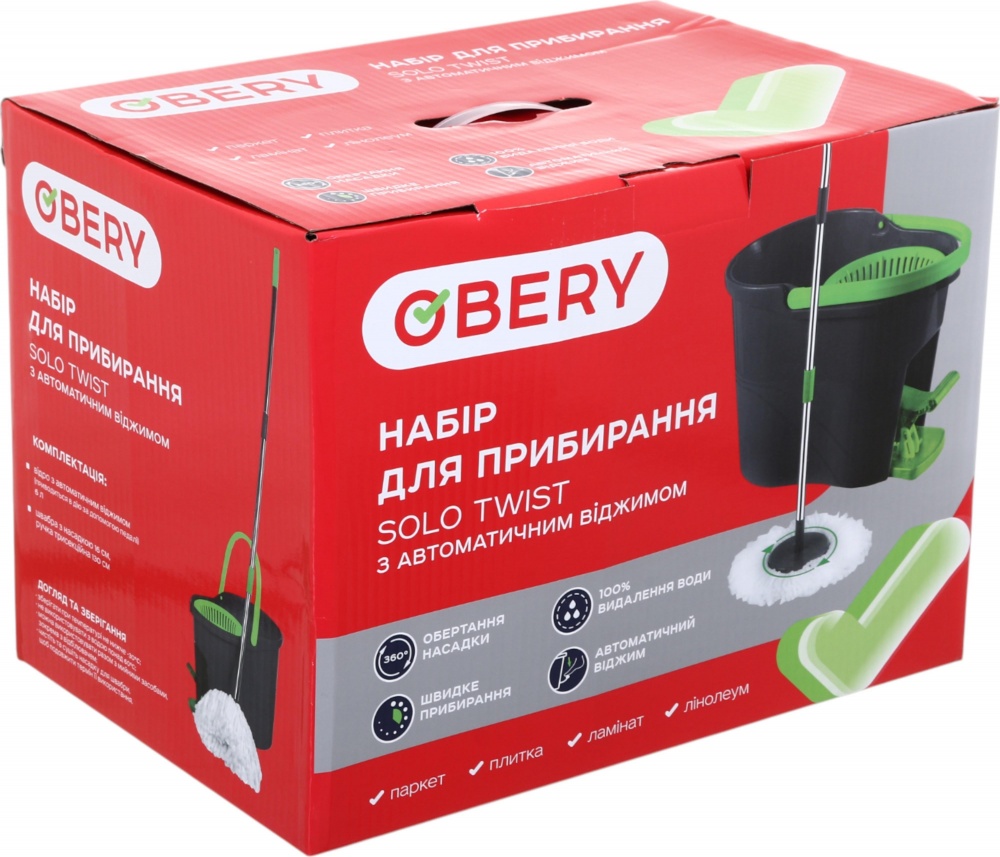 Комплект швабра и ведро с механическим отжимом для пола OBERY Solo Twist 16 см черный