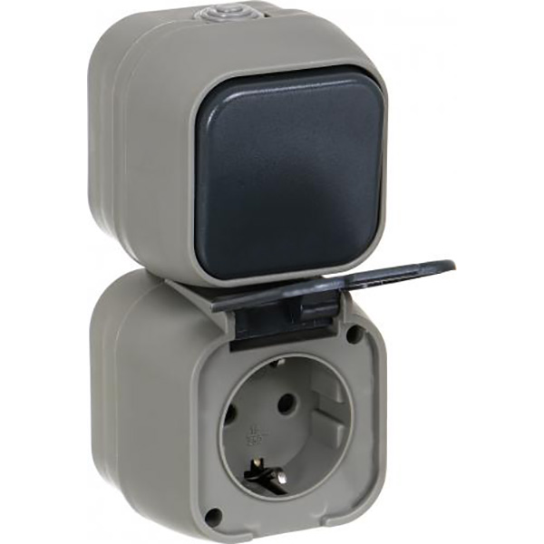 Розетка + вимикач із заземленням Vesta без шторок з кришкою сірий HSN-BLK.H2B54G1W1G1WGC-GR