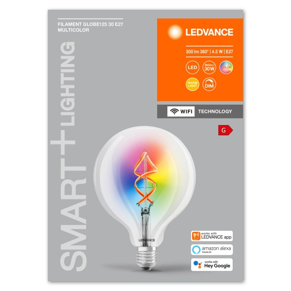 Розумна лампа Ledvance Vintage зміна кольорів G125 4,5 Вт E27 2700 К 220 В прозора Smart G125 RGB FIL 