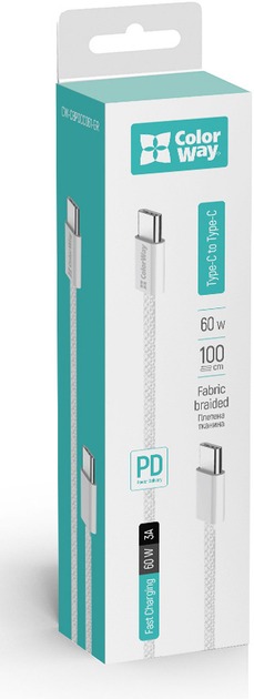 Кабель ColorWay Type-C - Type-C (braided cotton) (PD Fast Charging 60W) 3.0А 1 м сірий (CW-CBPDCC061-GR)