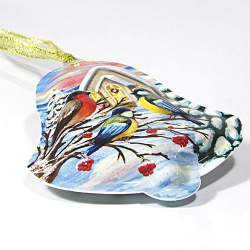 Елочная игрушка колокольчик Птички 10 см 