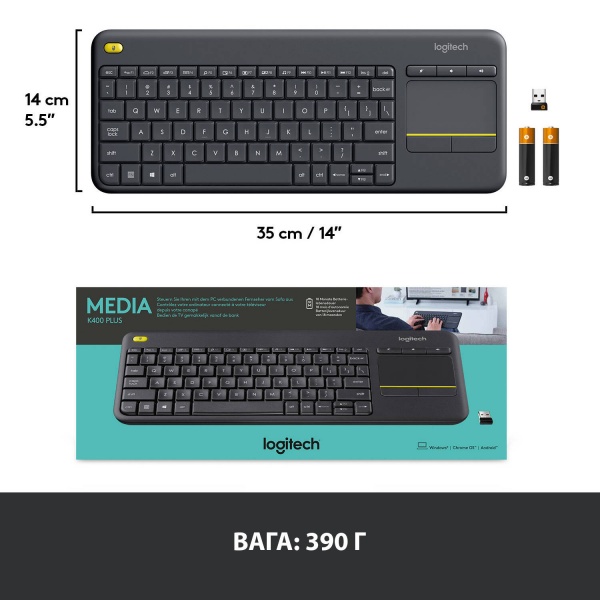 Клавиатура Logitech Wireless Touch Keyboard K400 Plus (L920-007145) black 