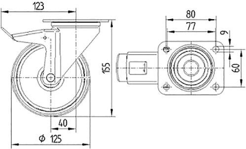 Колесо поворотне з гальмом 3377 DRR 125 P62 TENTE 
