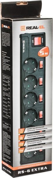 Фильтр-удлинитель REAL-EL EL122300003 RS-6 EXTRA с заземлением 6 гн. черный 5 м RS-6 EXTRA 5m, black 