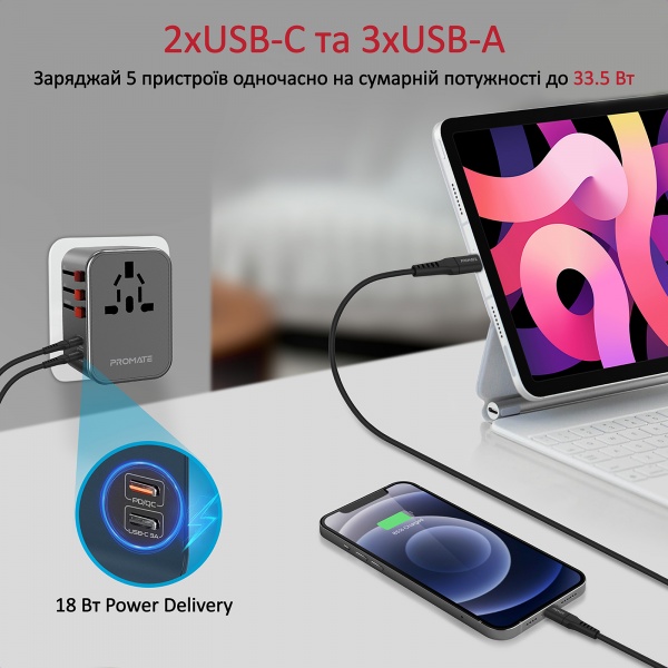 Сетевой адаптер Promate TripMate-33W EU/US/UK/AUS на EU/US/UK/AUS, 2хUSB-С+3хUSB-A 33.5 Вт total Black (tripmate-33w.black) 